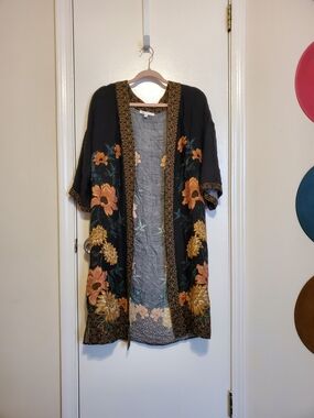 DR2 Black Floral Embroidered Kimono Cape with Gold Trim